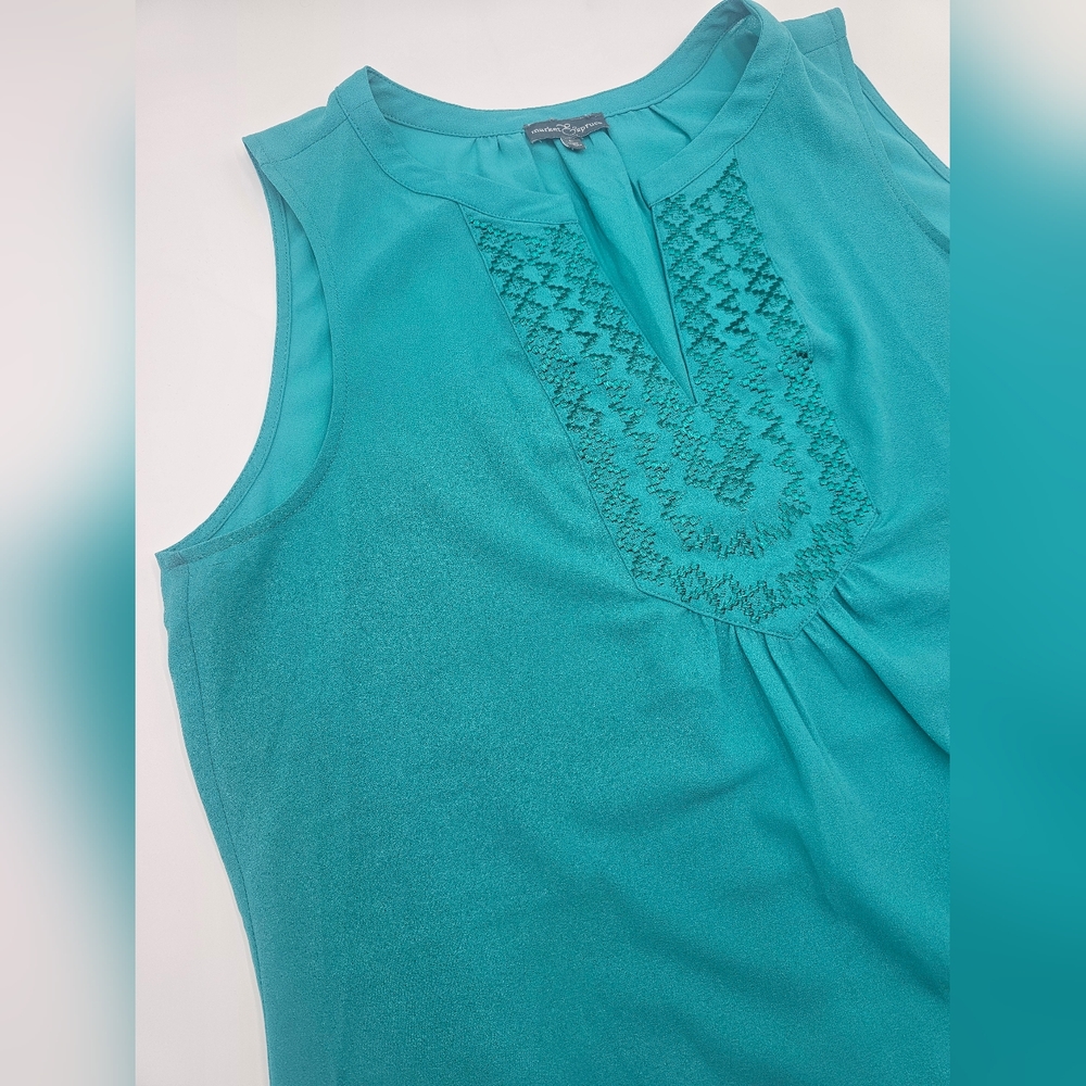 Market & Spruce Womens Green Sleeveless Embroidered Notch V-Neck Top L - Picture 3 of 12